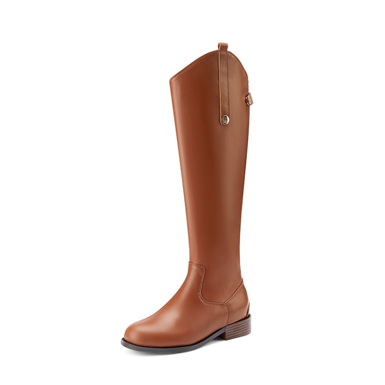 Women's Camel and Black Pointed Toe Low Heel Riding Boots - Image 3