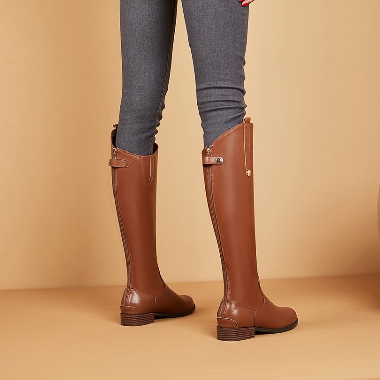 Women's Camel and Black Pointed Toe Low Heel Riding Boots - Image 4