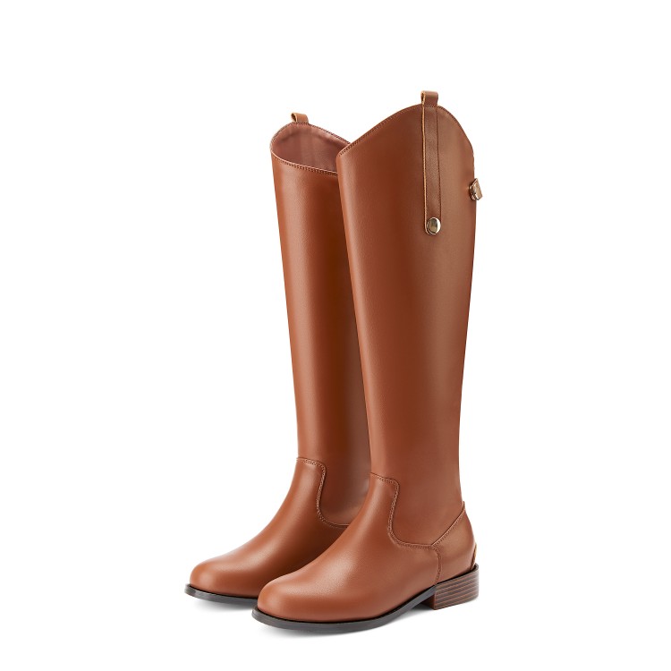 Women's Camel and Black Pointed Toe Low Heel Riding Boots - Image 5